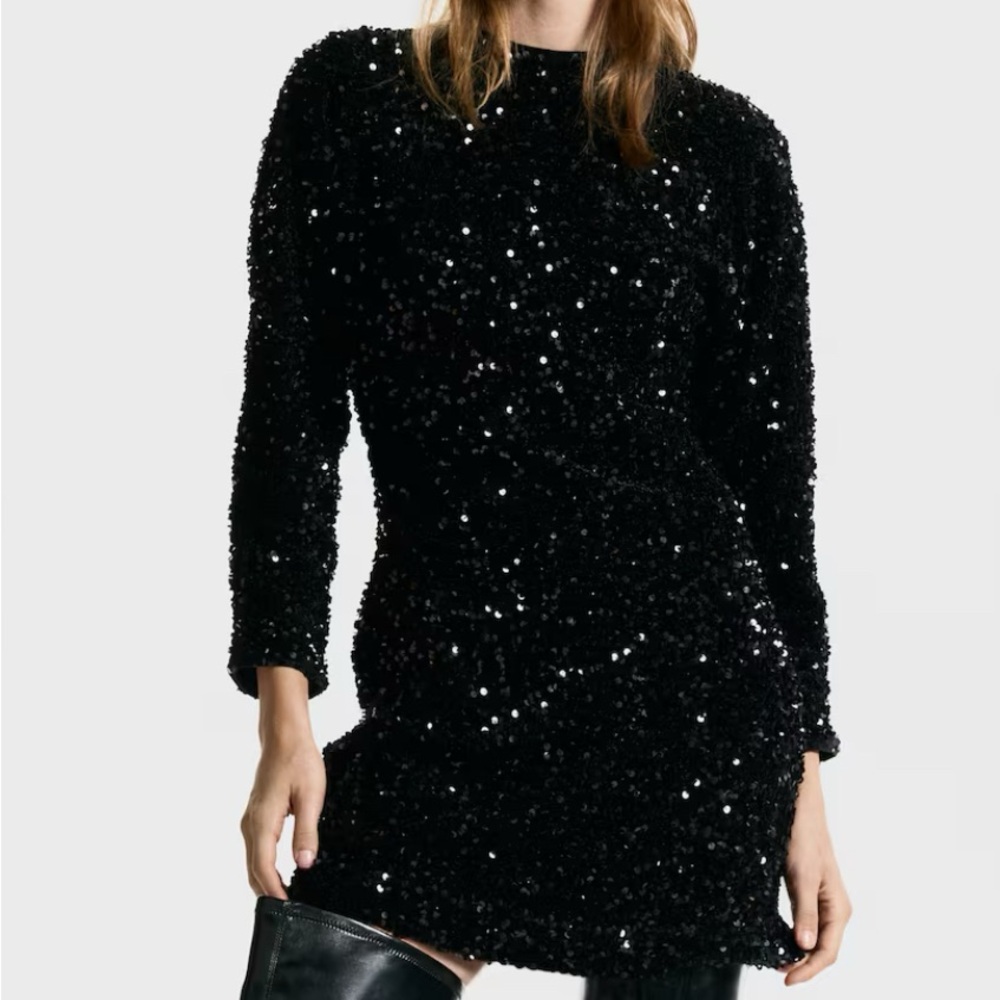 H&M Black Sequin Three Quarter Sleeve Dress Size Large